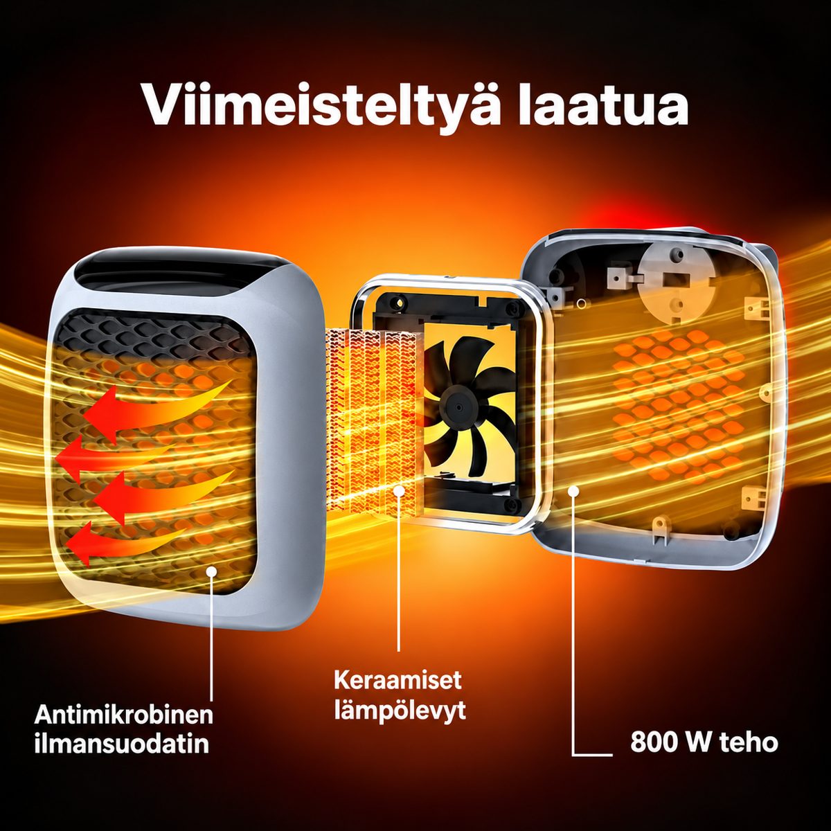 RapidHeat rakenne: antimikrobinen suodatin, keraamiset lämpölevyt, 800 W